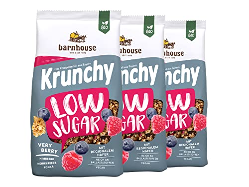 Barnhouse Krunchy Low Sugar Very Berry, zuckerarmes Bio Hafer-Knuspermüsli aus Bayern, mit Himbeeren, Heidelbeeren und Tonka, 3 x 375g Cover