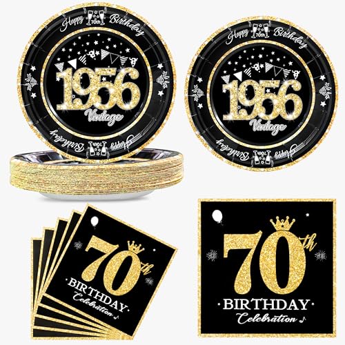 algpty 60 PCS Vintage 70th Birthday Plates and Napkins Set 70th Birthday Decorations Black and Gold Service for 30 1956 Dessert Plates and Napkins Party Supplies for Men Women