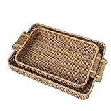 LckCryspho ラタンサービングトレイ 30x20x5.5cm WU051285LB7T2 – 手織り風デザイン ハンドル付き 朝食やスナックの運搬に便利 (S+M)