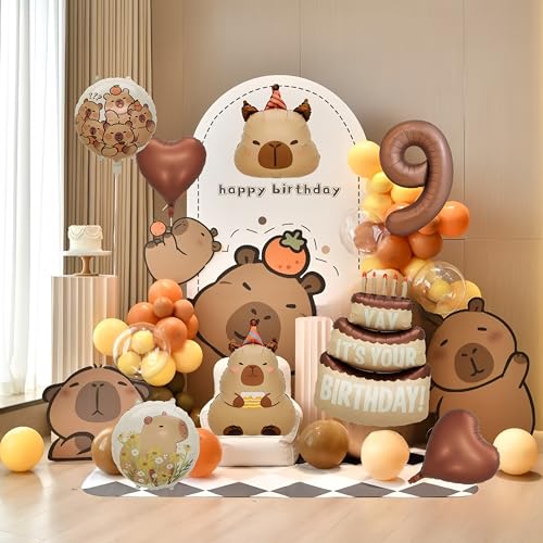 Image of Capybara Birthday Foil Balloon Set, 8-Piece Party Decor (9) | Reusable foil balloon set with capybara, cake,number . Perfect for birthday, baby shower, gender reveal & themed parties