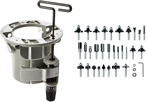 Bosch Under-Table Router Base with Above-Table Hex Key RA1165, Silver&BOSCH 30 pc. Carbide-Tipped Wood Router Bit Set