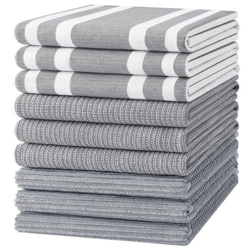 Image of Homaxy Premium Kitchen Towels(18 inchx 28 inch, 9 Pack), Large Cotton 380 GSM Kitchen Hand Towels, Soft and Absorbent Terry Dish Towels, Multipurpose Tea Towel Set with Hanging Loop, Grey