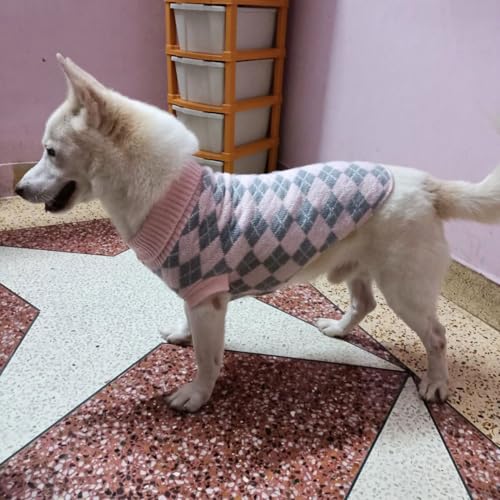 Image of Lulala Dog Sweater for Winter - Soft Pink and Grey Argyle Pattern, Warm Knit Sweater for Small to Medium Breeds, Cozy Dog Clothes