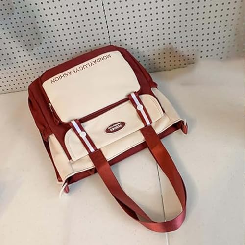 Colorblock Nylon Shoulder Tote - Spacious Stylish Carry Bag for Women (Red)