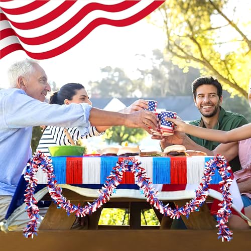 Image of MARFOREVER 105 FT 4th of July Parade Floats Decorations Set 4 Patriotic Foil Fringe Curtains and 4 American Tinsel Garland Red White and Blue Decorations for Independence Memorial Day Party Decor