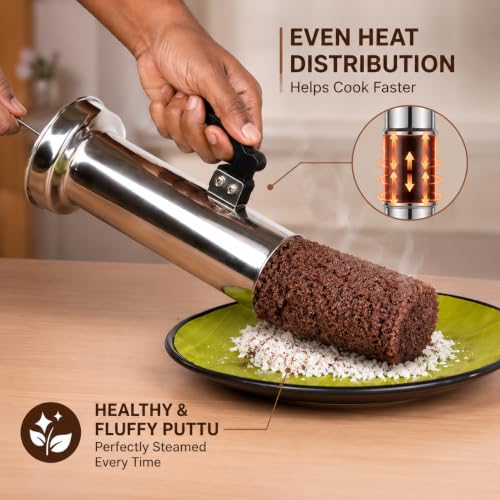 Image of Nakshathra Stainless Steel Puttu Maker with Steamer 3 Plus 1 Free Extra Big with Caps, Puttu Kudam with Bakelite Handle, Induction & Gas Compatible, Toxin Free