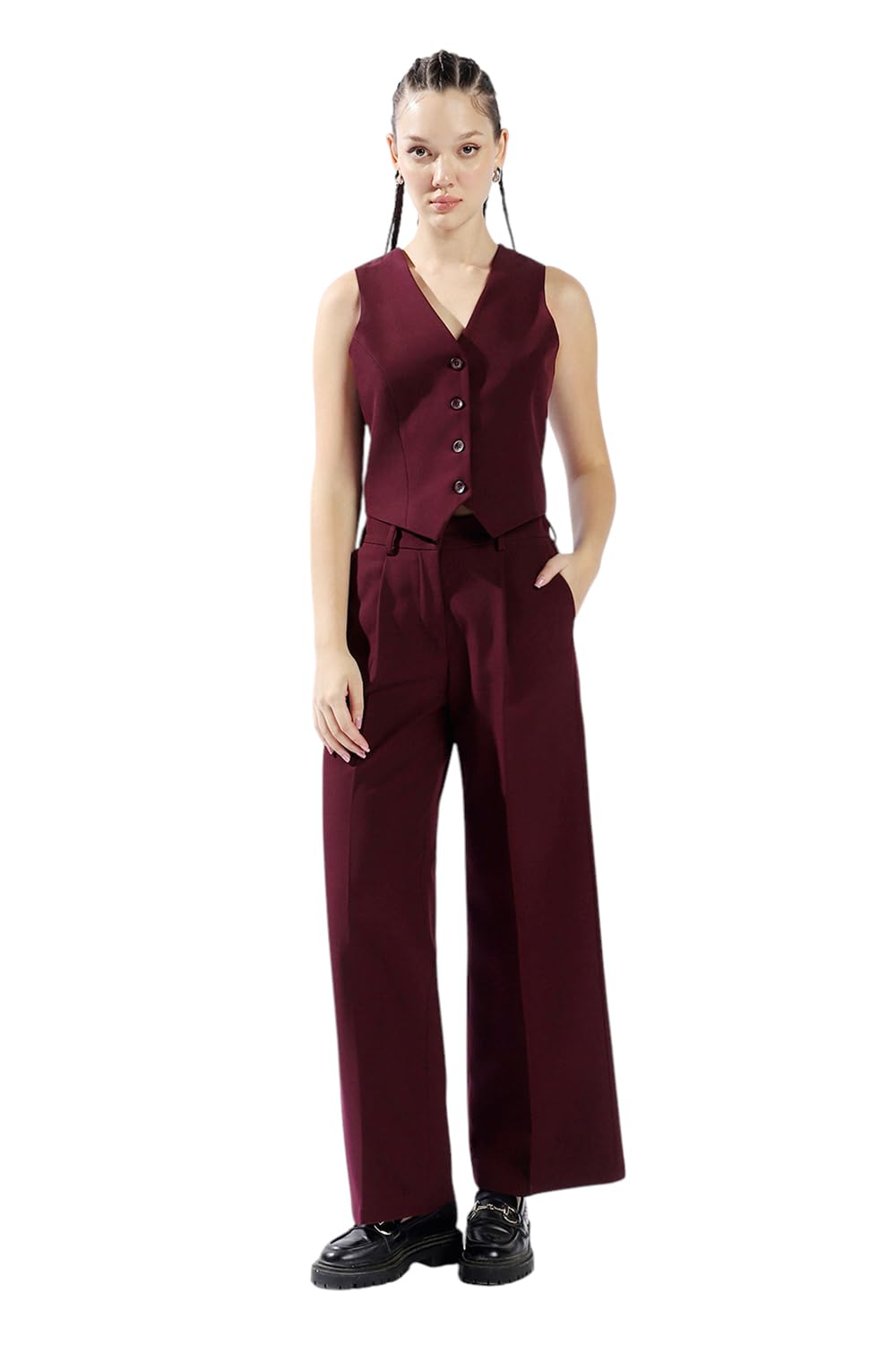 High Star Women Solid Regular Length Tailored Fit V Neck Sleeveless Waistcoat and Wide Leg Trouser Co-ord Set-image-31