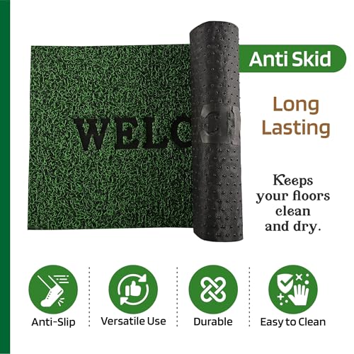 Image of Kuber Industries Pack of 6 Anti-Slip Welcome Print Grass Door Mats for Home| (16x24 Inch) Main Entrance Footmats for Bathroom, Living Room & Office | Grass Cut -Grey & Green