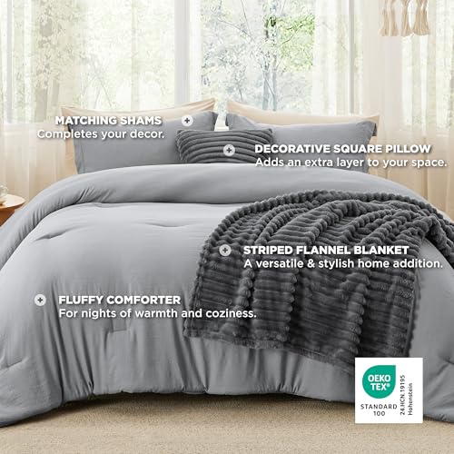 Image of Bedsure Full Comforter Set 5 Pieces - Bed in a Bag with Fleece Throw Blanket and Decorative Pillow, Lightweight Bedding Comforter Sets, All Season Bedding, Dark Grey