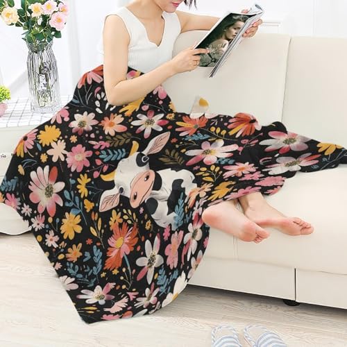 Couverture douce motif vache et fleurs plaid automne noir canapé - 4