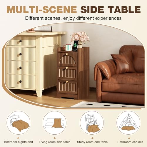 Image of 11.02 inch Narrow Nightstand Set of 2, Fluted Slim Bedside Table with 2 Drawers, Mid Century Modern Small End Table with Gold Metal Handles, for Bedroom, Living Room & Small Spaces - Walnut