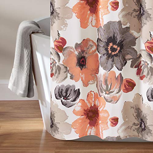 Image of Lush Decor Leah Floral Shower Curtain, 72 inch W x 72 inch L, Coral & Gray - Fabric Shower Curtains - Watercolor Botanical Bathroom Curtain - Farmhouse & French Country Decor