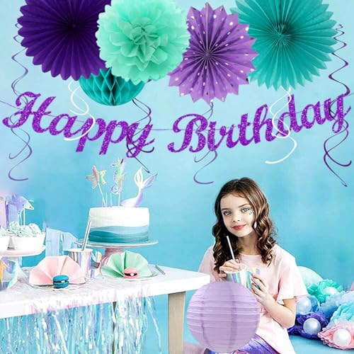 Image of Teal-purple Lavender Girl Mermaid-birthday Party-decorations - 21pcs Happy Banner,Under The Sea Ocean Paper Lanterns Honeycomb Streamers,Tissue Pom Poms Flower Fan,Classroom Hanging Decor Huglony