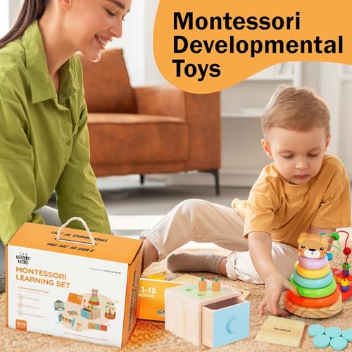 6-in-1 Montessori Learning Toys for 13-18 Months - Toddler Developmental Activity Set with Bear Tower, Pound Bench, Beads Coaster & More Educational Wooden Toys