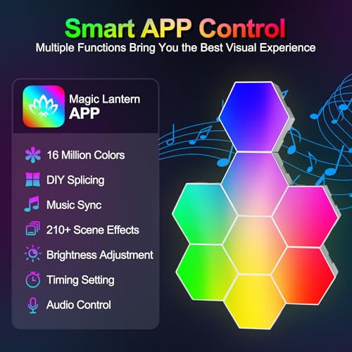 Image of Hexagon LED Light Panel, 8 Pack Smart APP and Remote RGB Wall Lamp with Cool Music Sync for Gaming Room Bedroom