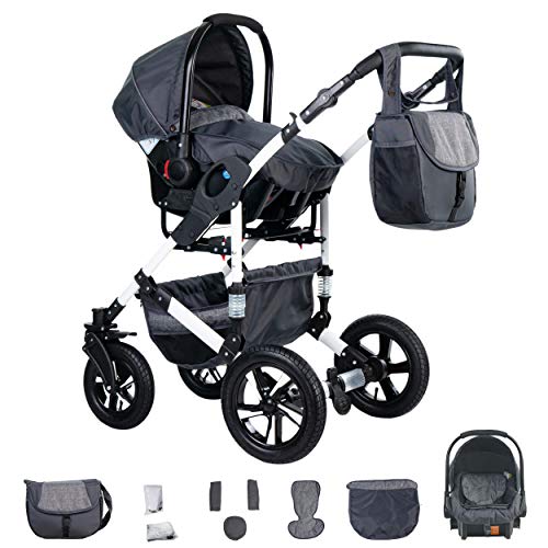 Friedrich Hugo PCS_HAMBURG-DE-GUM-LX02 Hamburg, 3 in 1 Kombi Kinderwagen, Hartgummreifen, Grey & Grey Linen, grau, hartgummi