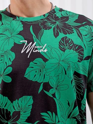 Image of The Indian Garage Co Men Polyester Slim Fit Tropical Print Round Neck Tshirt