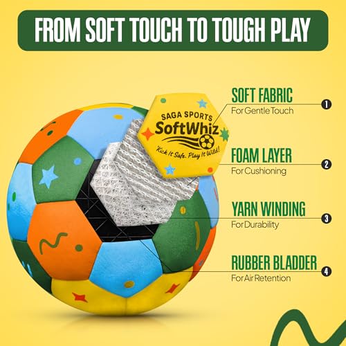 SAGA SPORTS SoftWhiz Colorful Safe Indoor Football Size 4 for Kids | Felt-Cover Soft Football for Inside Your Home and Yard – Fun Gift with Pump, Needle & Mesh Bag
