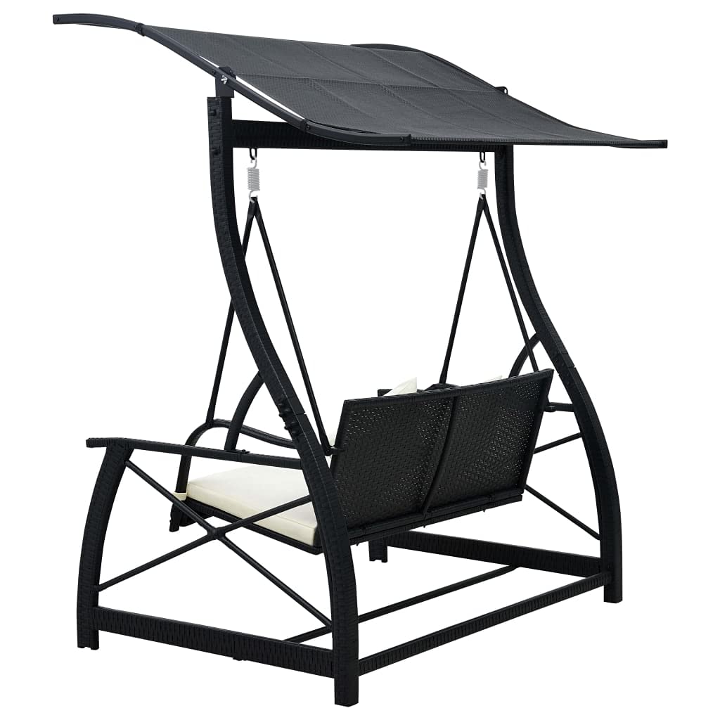 Hollywoodschaukel 3-Sitzer mit Dach Poly Rattan Schwarz wetterfest, Gartenschaukel mit Polster, Terrassenschaukel aus pulverbeschichtetem Stahl, Relaxen auf Veranda und Balkon
