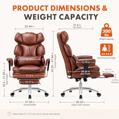 Image of Big and Tall Ergonomic Office Chair with Footrest, Executive High Back PU Leather Desk Chair, Reclining Computer Chair with Adjustable Lumbar Support and Armrests, Swivel Rolling Gaming Chair, Brown