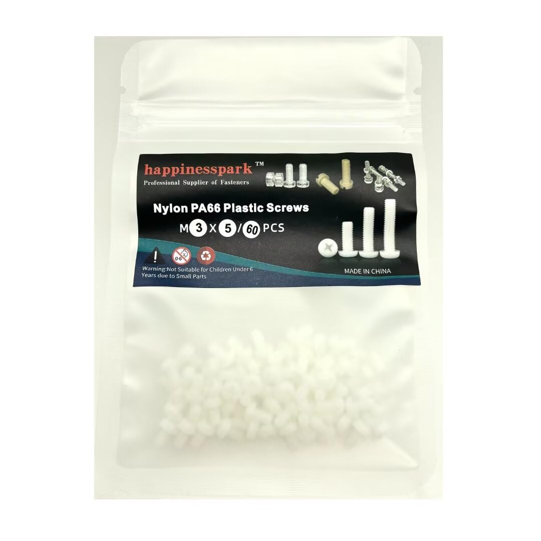 happinesspark Nylon PA66 Plastic White Color Metric Phillips Pan Head Screws M3X5 60PCS