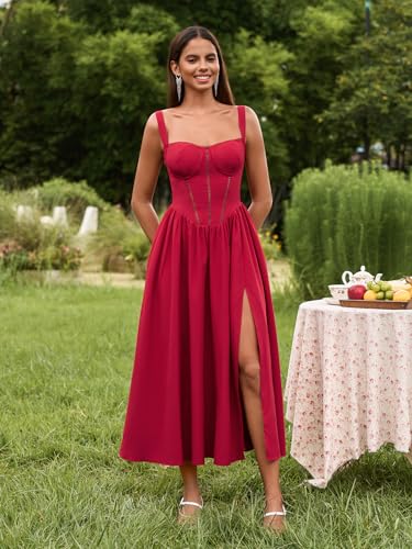 Image of KUTUMAI Floral Corset Midi Dress Flowy Slit Summer Spring Wedding Guest Dresses for Women Sundress with Pockets