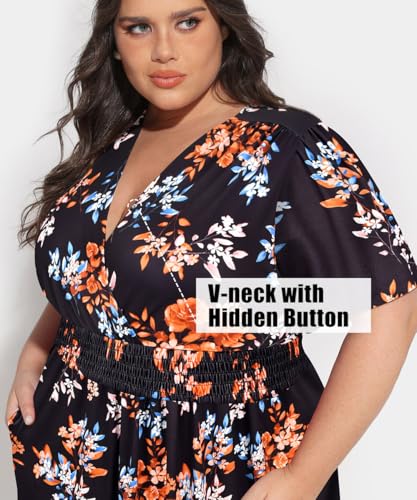Image of CARCOS Plus Size Dresses for Curvy Women V Neck Summer Maxi Dress Short Sleeve Floral Boho Dress Smocked Waist Beach Dress