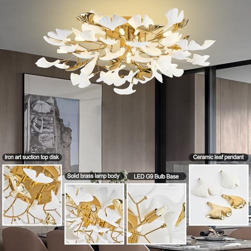 Image of Tree Branch Chandelier Ceiling Light, Modern Gold Ceramic Ginkgo Leaf Chandeliers Brass Flush Mount Chandelier Light Fixture for Kitchen Living Room Dining Room, 31.5 inch Ceiling Light Fixture