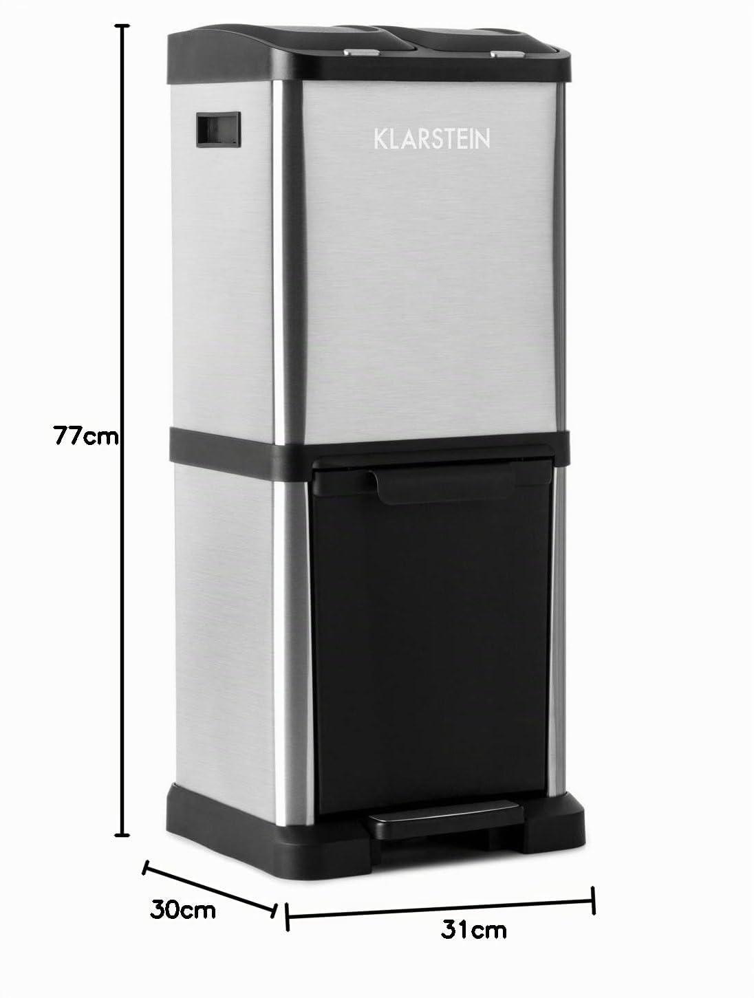 KLARSTEIN Ökosystem² - Poubelle de tri sélectif à pédale, Contenance de 30L répartie sur 3 récipients, 1x15L et 2x7,5L, Coque en Acier Inoxydable, Facile à Nettoyer, Argent