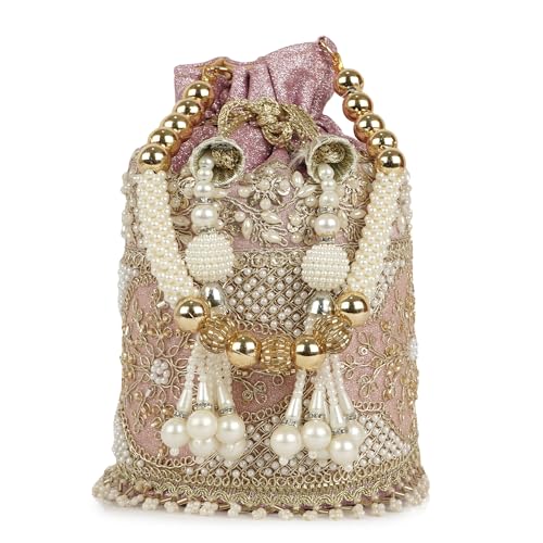 Image of Nevis Silk Fabric Luxury Pearl Embroidered Potli Bag for Women | Bridal Ethnic Drawstring Clutch with Beaded Handle Wedding | Potli Bag