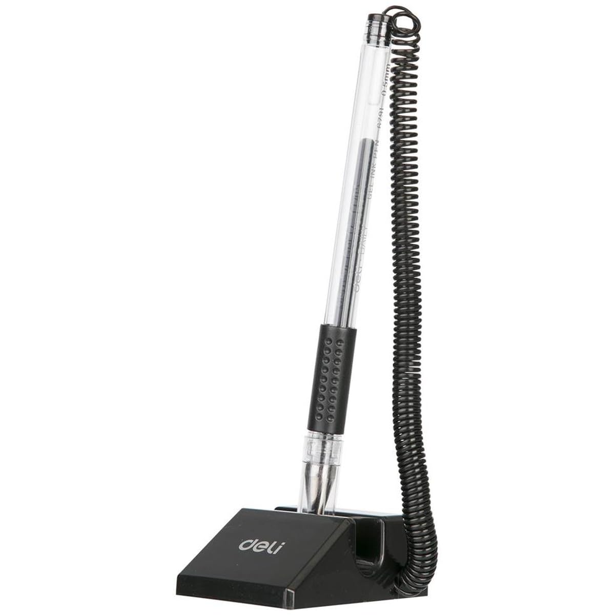 DELI Counter Pens, Reception Counter Pen, Secure Pen With Chain And Adhesive Pen Holder for Home Office Supplies, Desk Pen Stand, Black Ink, Spring Bullet Tip 0.5mm E6791