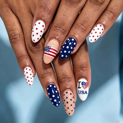 Independence Day Press on Nails Almond Short Fake Nails USA Day Stripes with Spot Design Glue on Nails Blue Full Cover Glossy Acrylic Stick on Nails for Women 24 Pcs
