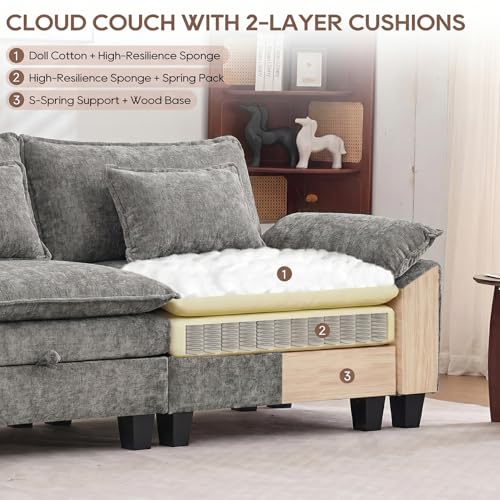 Image of IPKIG 117 inch Modular Cloud Couch with Storage, U Shaped Sectional Sofa with Ottoman & Pillow, Chenille Deep Seat Sectional Couches for Living Room, Apartment, Grey