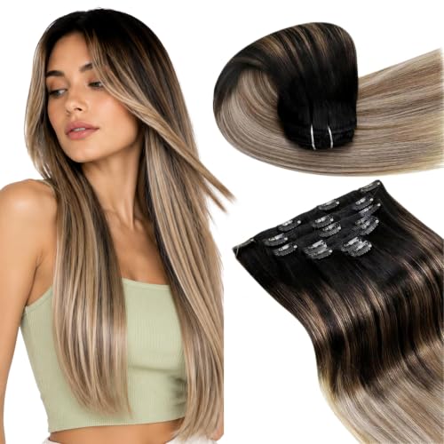 Image of LaaVoo Clip in Hair Extensions Real Human Hair Balayage Easy to Wear | Human Hair Clip In Extensions, Ombre Black To Light Brown Mix Light Blonde, 16 Inch 120g 7pcs, Damage-Free To Natural Hair