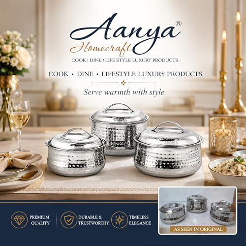 Image of Aanya Homecraft Stainless Steel Insulated Hotpot Set, Silver Serving Casserole for Roti, Rice, Curry & Food Storage, Home & Kitchen Serveware, Set of 3 Sizes
