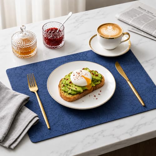Image of Yelona Premium Faux Leather Placemat Set of 6 | Printed Floral Design, Waterproof & Heat Resistant Table Mat | Non-Slip, Washable for Dining, Kitchen & Home Decor (Dark Blue, 43 x 30 cm)