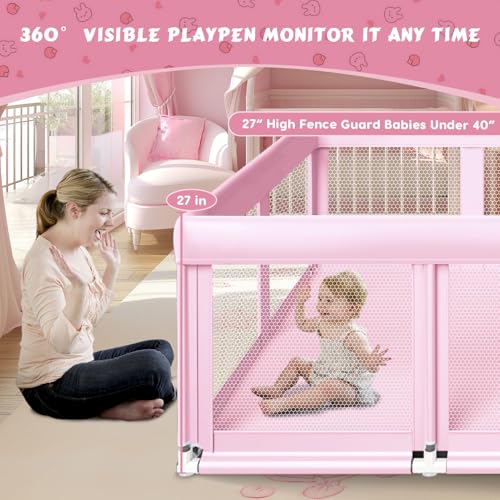 Image of Fshibila 74 inch x50 inch Large Baby Playpen, Baby Playard for Babies and Toddlers, Play Pens for Indoor & Outdoor, Sturdy Safety Play Yard with Soft Breathable Mesh, Anti-Fall, Pink