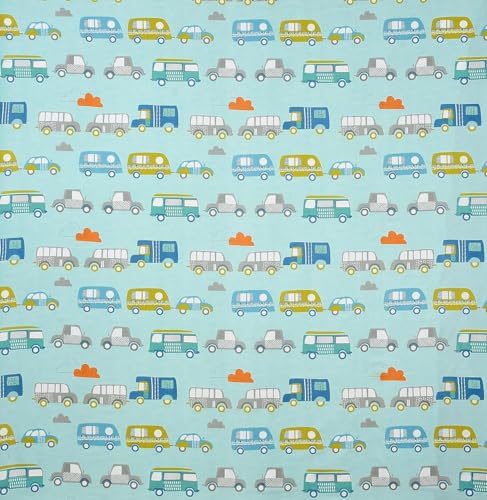 Image of RD FABS Glace Cotton Wrinkle Free Soft Hypoallergenic Double Bed King Size Bedsheet with 2 Pillow Covers, Cartoon Printed for Kids Room Boys Girls, 90x95 Inches, Sky Blue, Car Bus Design, 144 TC