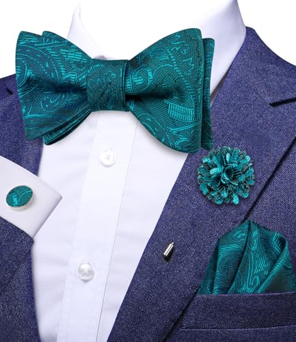 Image of Dubulle Self Tie Bow Ties and Lapel Pin for Men Paisley Solid Mens Bowtie and Handkerchief Cufflinks Set Wedding