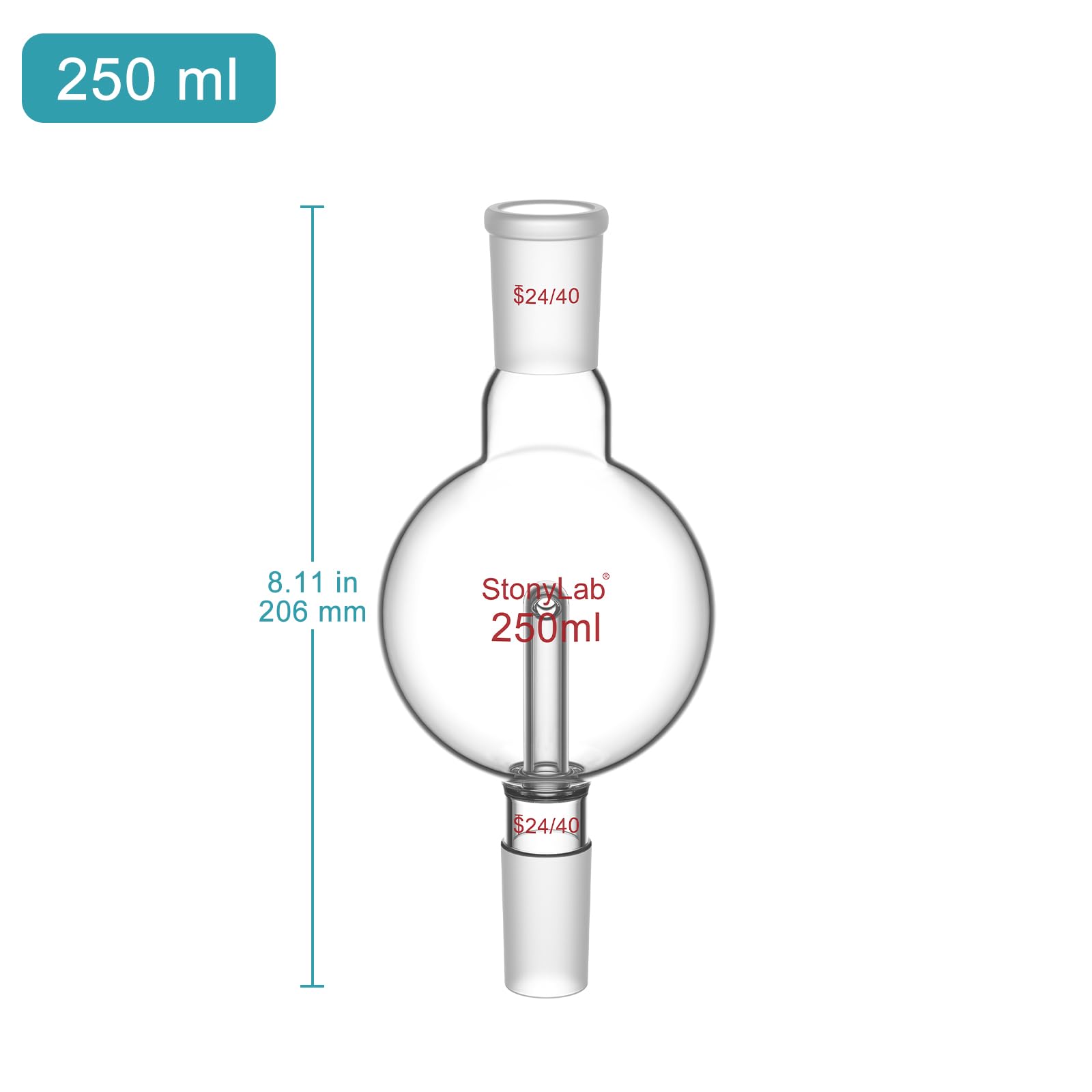 stonylab Piège à évaporateur Rotatif avec 24/40 Joint Supérieur Extérieur et 24/40 Joint Standard Intérieur, Rotary Evaporator Bump Trap de Laboratoire, 250 ml
