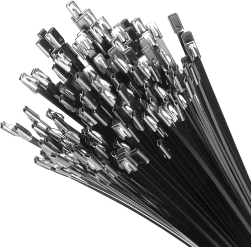 XINGO 8 inch Black Metal Zip Ties (200 Pack) 304 Stainless Steel Heavy Duty Zip Ties 300lbs Tensile Strength Multi-Purpose Self-locking Cable Ties for Exhaust Wrap Outdoor and Canopy Etc