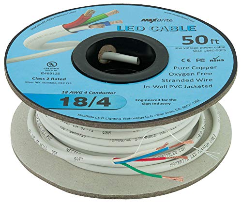 18Awg Low Voltage Led Cable 4 Conductor In-Wall Jacketed Pure Copper Speaker Wire Ul/Cul Class 2 (50Ft. Spool) #TOP1