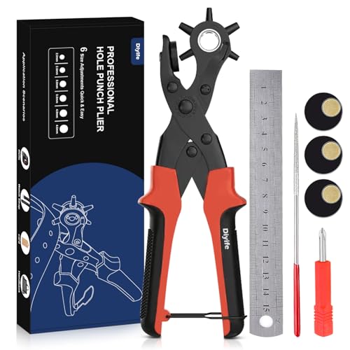 Image of Diyife Leather Hole Puncher, Full Set Punch Tool Kits for Belt, Watch Band, Shoe, Crafting, Handbag Straps, Fabric, with Extra Punch Plates and Ruler, Multi Hole Sizes Make, Red