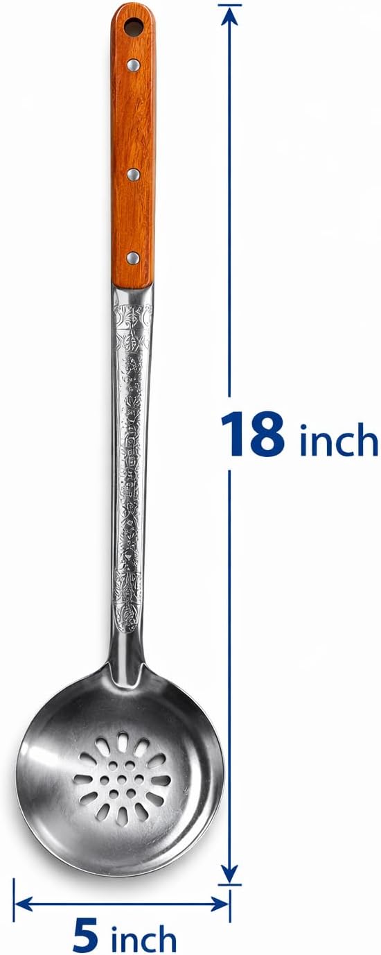 18'' Stainless Steel Skimmer for Uzbek Plov Slotted Spoon for Kazan Cooking with Wooden Handle.