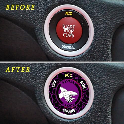 Image of TOOLEPIC Push Start Button Cover for Dodge Challenger Charger Durango Chrysler Journey Ram Accessories 2015-2024, Engine Start Stop Ignition Switch Kit -Angry Shark Design-Crazy Purple Custom Fit