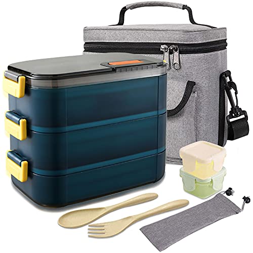HOMESPON Bento Box Adult Lunch Box with Lunch Bag Stainless Steel Lunch Container, Leakproof Lunch Box for Teens, Built-in Reusable Wheat Straw Spoon/Fork & Food Grade Salad Dressing Box (green,3 tiers)