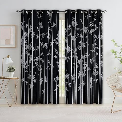 Genérico Cortinas de Ventana con Estampado de Chino Pintado A Mano Planta Bambú, 2 Piezas Negro Cortina Opacas con Ojales para Sala de Estar y Dormitorio - 140 x 245 cm (An x Al)