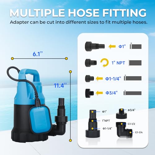 Image of Automatic Water Pump, 2250GPH Sump Pump Submersible Basement Portable Electric Utility Water Pump Removal for Pool Draining Basement Hot Tubs Garden Pool Cover Pond, Blue