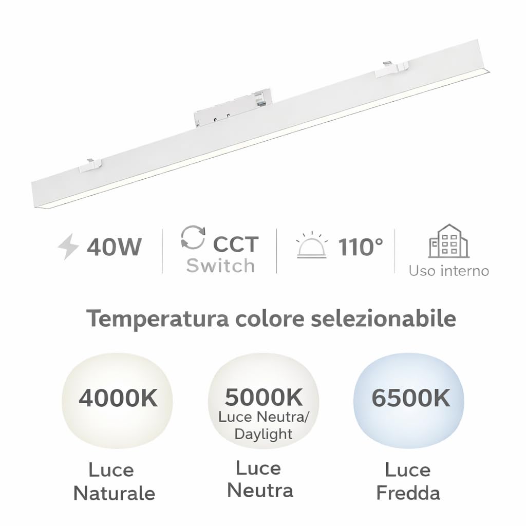 Barra LED Lineare per Binario Trifase 40W Luce calda, fredda, naturale, 110°, Professionale per Negozi e Showroom (Bianco)