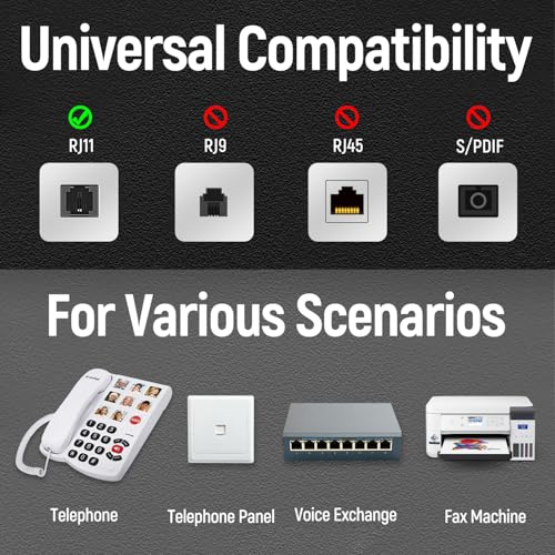 Image of Uvital RJ11 Telephone Cable, 25 Feet, Fixed Telephone Cable with Telephone Coupler and 20 Cable Clips, for Modem, Fax, White